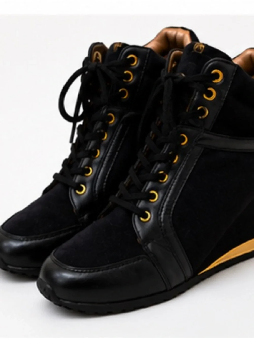 Paper Fox Hidden Wedge High Top Sneakers Black Gold Lace-Up Women’s Size 9